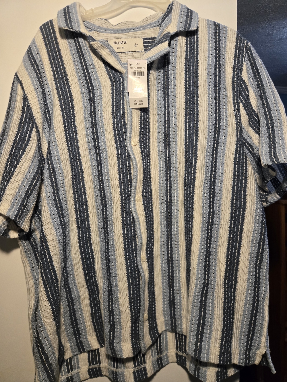 Hollister Blue & White Vertical Stripe Short-Sleeve Button Shirt
